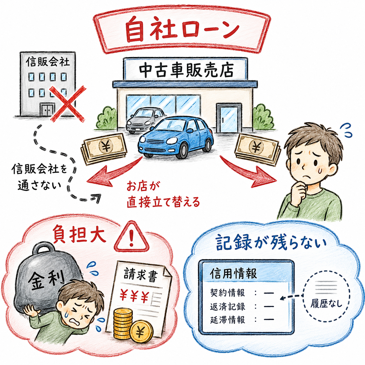 自社ローンの仕組み：信販会社を通さず、お店が直接立て替える。金利負担が大きく、信用情報に記録が残らない