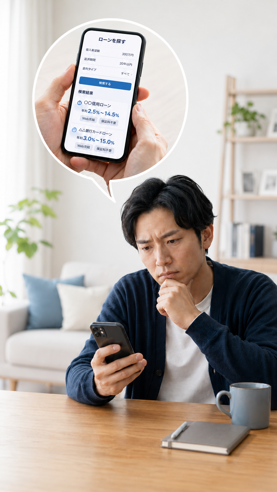 スマホでローンを調べて思い悩む様子